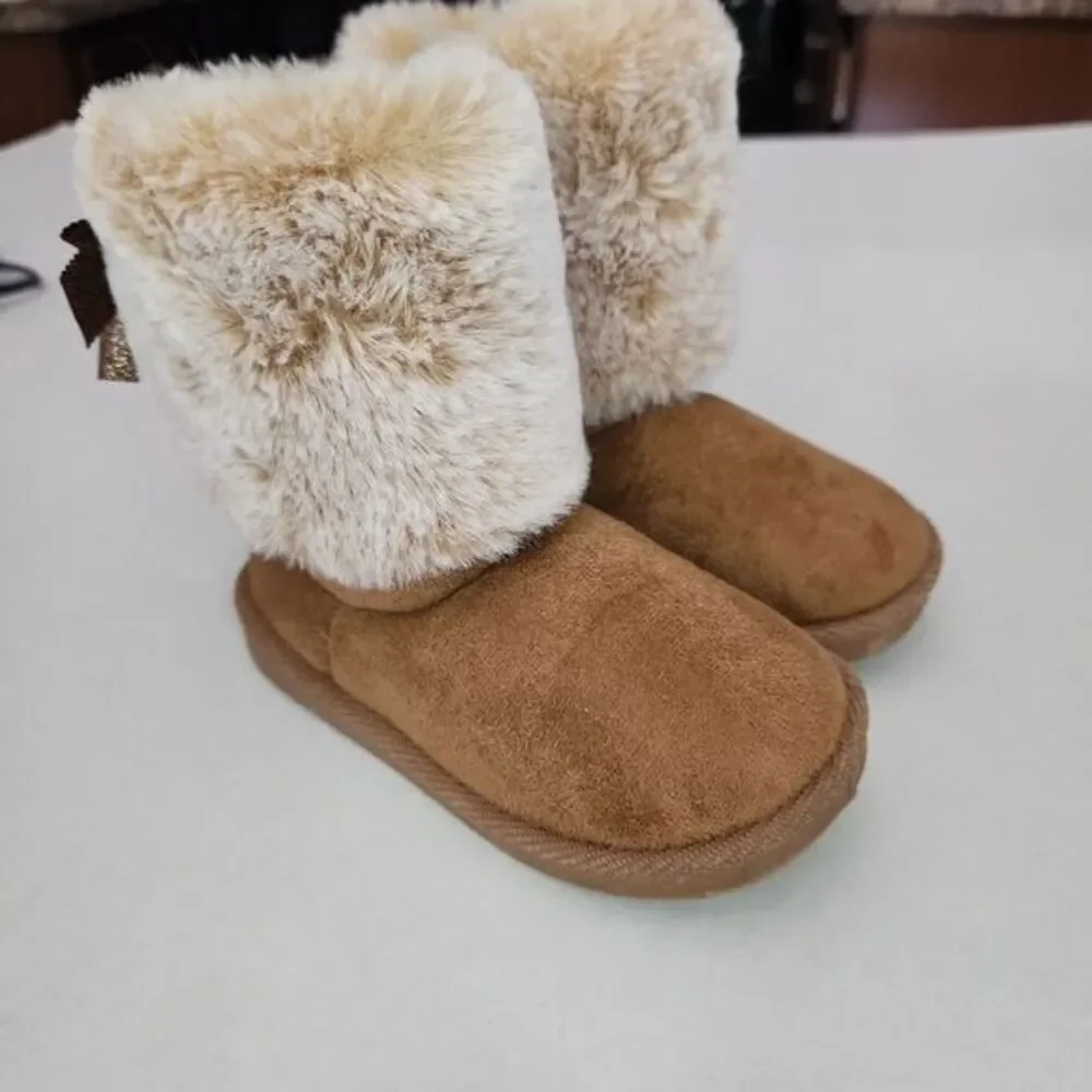 First‎ Steps Slipper Boots Kids Size 8 Brown Cream Ankle Faux Fur Soft Sole Cozy